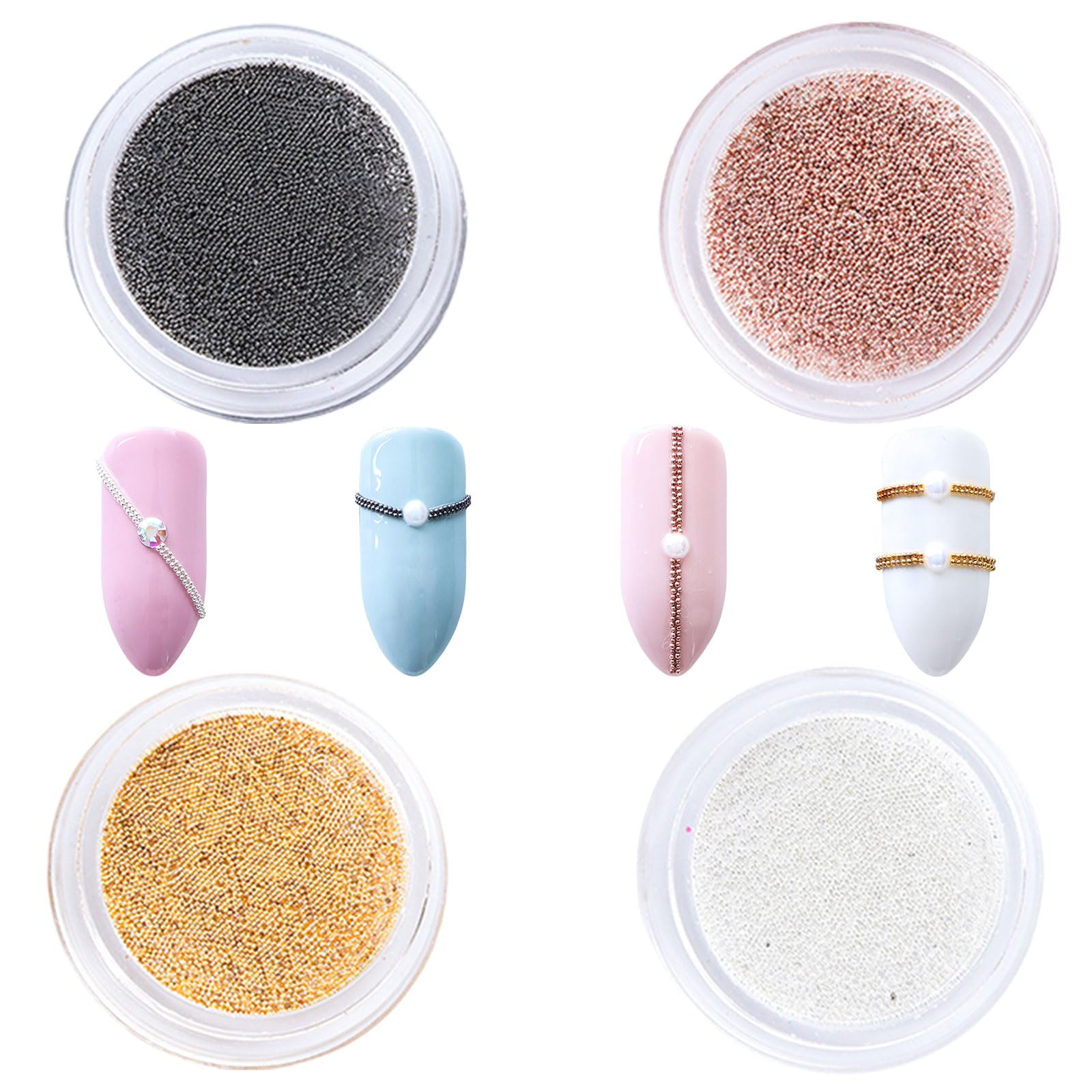 Caviar Beads for Nail Art - 4 Jar Black Gold Silver Micro Beads 0.4mm Tiny Steel Balls 3D Charms Decorations Accessories
