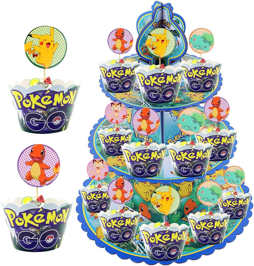 TOXYU 32Pcs Pikachu Cupcake Stand kits, Pikachu Cake Toppers, 3 Tier Cakes Stand, Display Tower Cartoon Theme Party Supplies