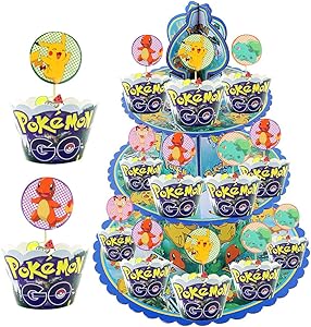 TOXYU 32Pcs Pikachu Cupcake Stand kits, Pikachu Cake Toppers, 3 Tier Cakes Stand, Display Tower Cartoon Theme Party Supplies