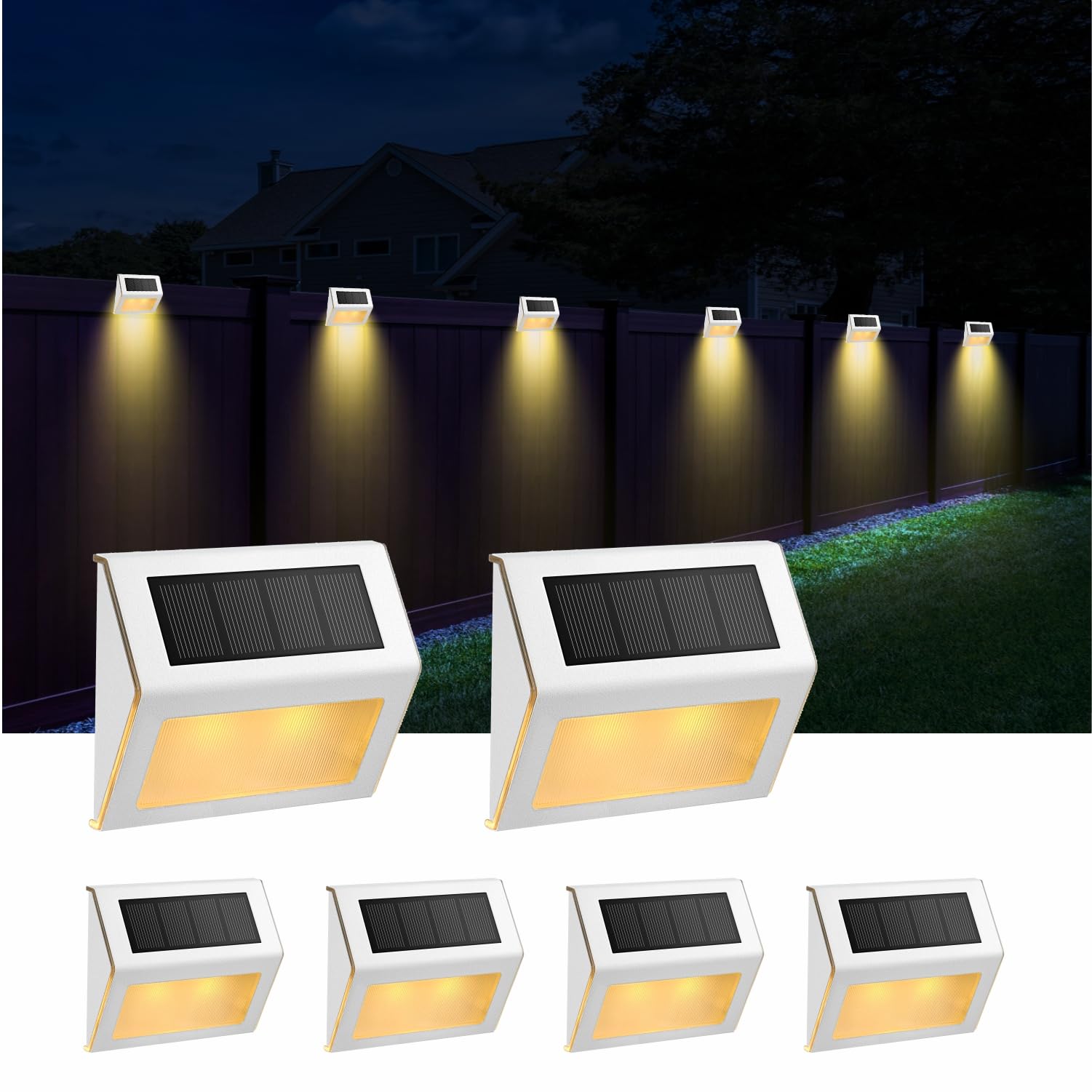 Solar Stairs Steps Decks Lights for Pathway Yard Fences, LED lamp, Rainproof, White Metal Housing, Warm lights, 6 Pack