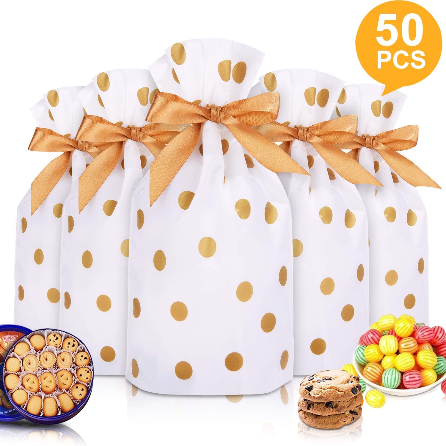 50pcs Candy Cookies Drawstring Gift Bags 7”×4”, Plastic Treat Bags with Bow-Tie for Christmas Birthday Wedding Party Favor,P