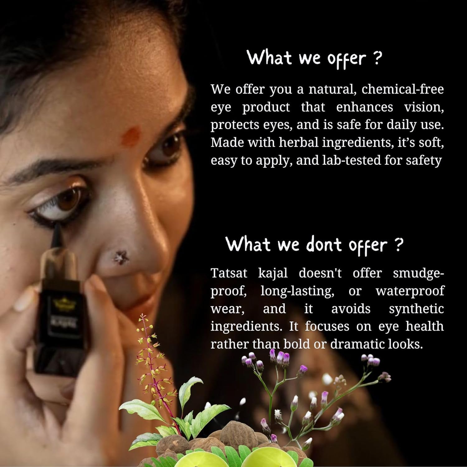 TATSAT - WELLNESS THROUGH AYURVEDA Kajal With Pure Herbs, Medicated Soot And Desi Cow Ghee|Safe For Babies|Lab Tested|No Preservatives, Black, Matte Finish (1 Count (Pack of 1))