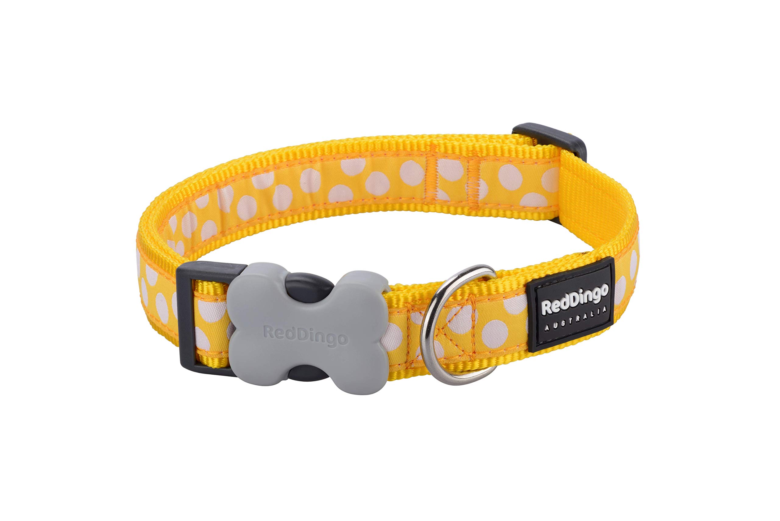 Red Dingo Bucklebone Dog Collar Design, White Spots on Yellow, Small 15mm