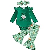 Muasaaluxi My First St Patricks Day Baby Girl Outfit Ruffle Shamrock Romper Plaid Flared Pants Headband Spring Outfit