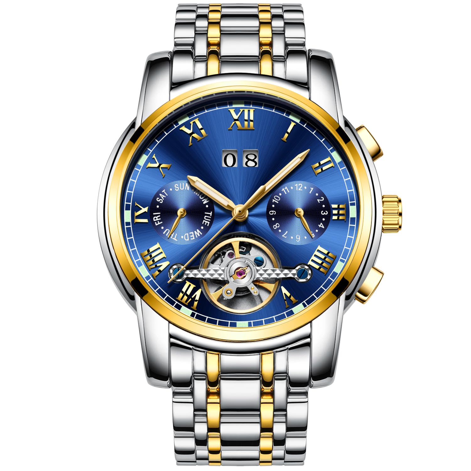 RORIOS Business Tourbillon Automatic Mechanical Watch for Men Stainless Steel Calendar Luminous Pointer Multifunction Wrist Watch