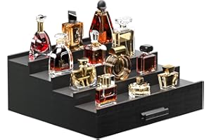 Vdamu Cologne Organizer for Men,4 Tier of Elevated Cologne Display Stand with Drawer Storage,Wood Cologne Display,Perfume Organizer and Storage Display Risers,Great Gift for Men (Black)