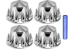 Wehymne 4 Rear Spiked Axle Wheel Covers - Rear Axle Hub Covers with 33mm Thread-On Chrome Lug Nut Covers for Semi Truck (Installation Tool Included)