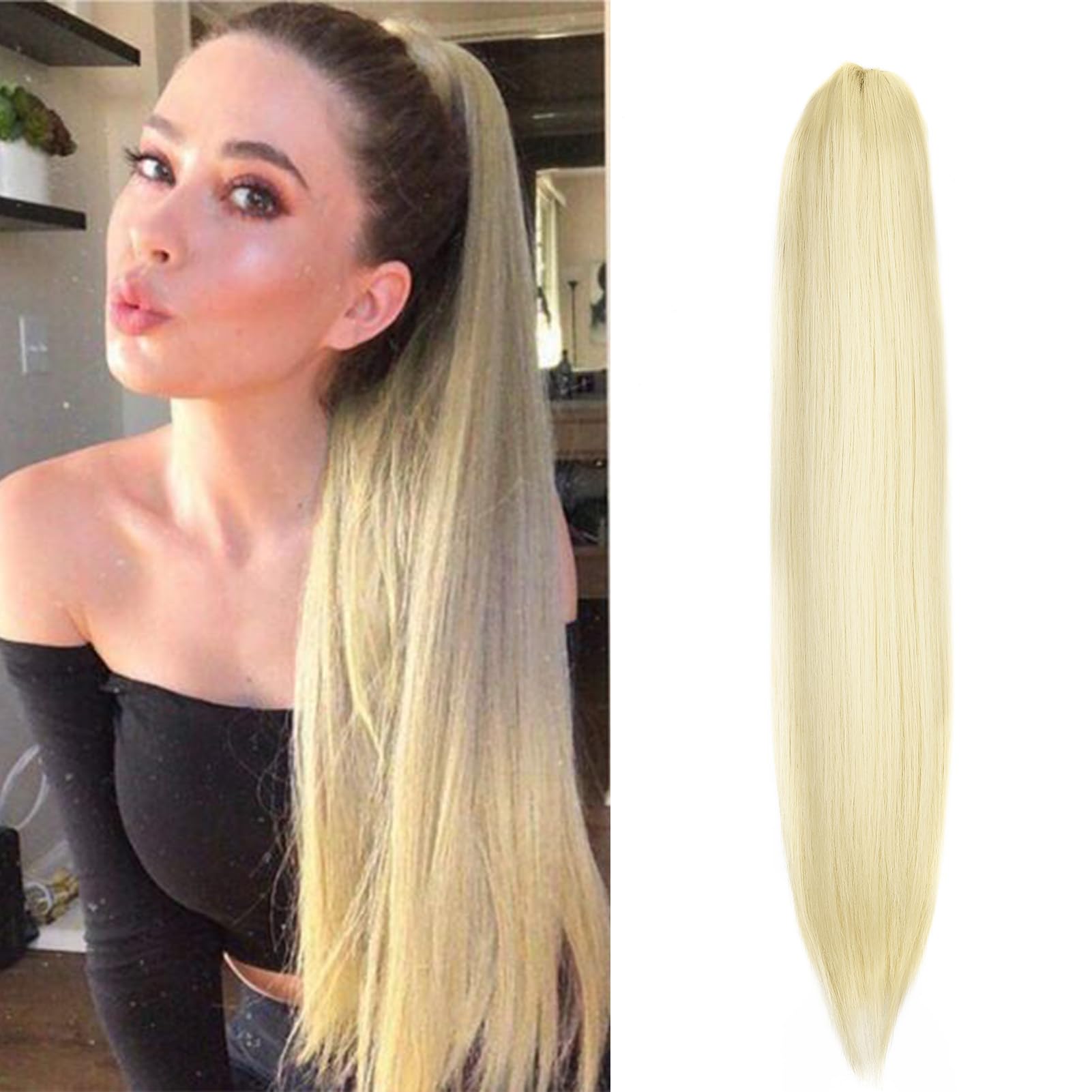 Cybelleza 20inch Ponytail Hair Extensions Straight Ponytail Claw Jaw on Long Straight Pony Tails Clip in Hair Extensions Synthetic Hair pieces for Women, Bleach Blonde — image 1