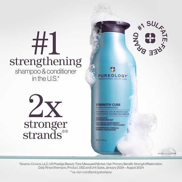PUREOLOGY STRENGTH CURE SHAMPOO – FOR DAMAGED OR COLOR TREATED HAIR, HAIR STRENGTHENING & PREVENTS BREAKAGE, SEALS SPLIT ENDS, VEGAN & SULFATE-FREE, 9 FL OZ