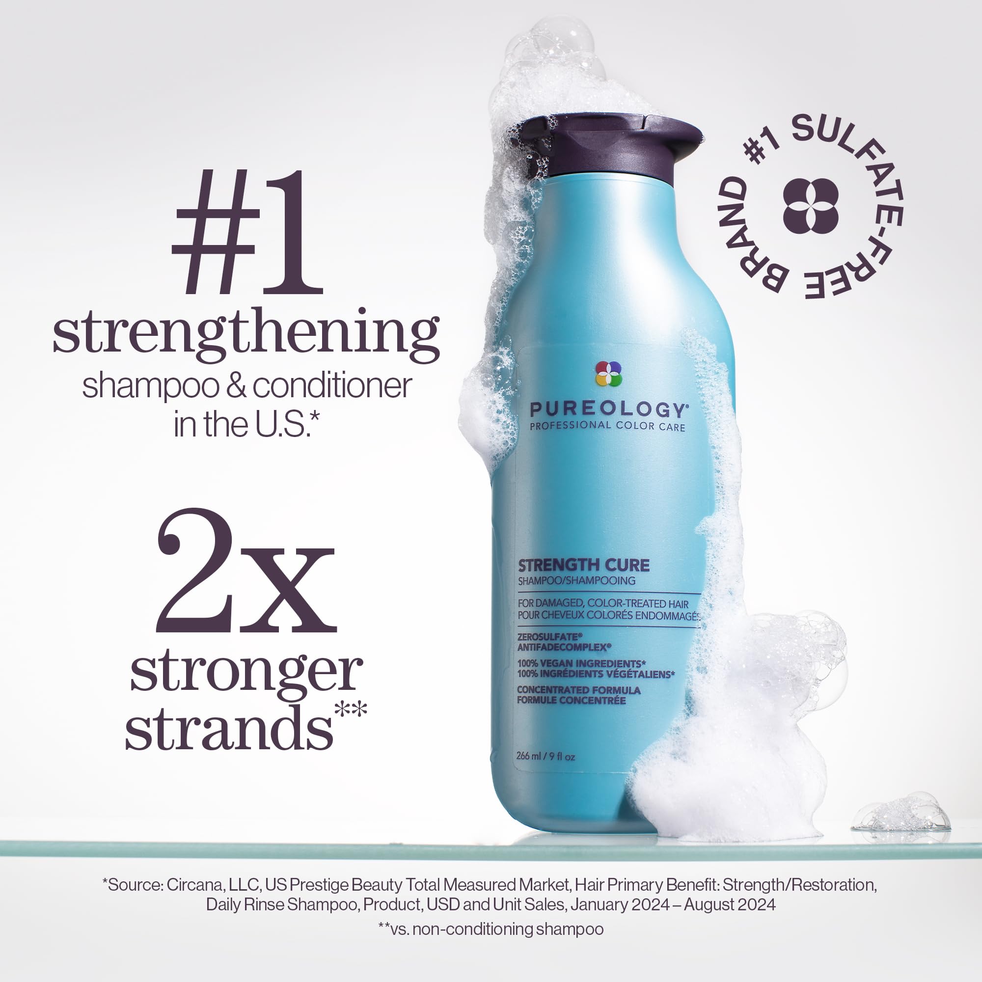 Pureology Strength Cure Shampoo - For Damaged or Color-Treated Hair, Strengthens & Prevents Breakage, Seals Split Ends, Vegan & Sulfate-Free