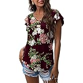 Askyes Womens Summer Tops 2023 Knit Shirts Casual Ruffle Short Sleeve V Neck Tunic Top Loose Blouse T Shirts Tunics For Women