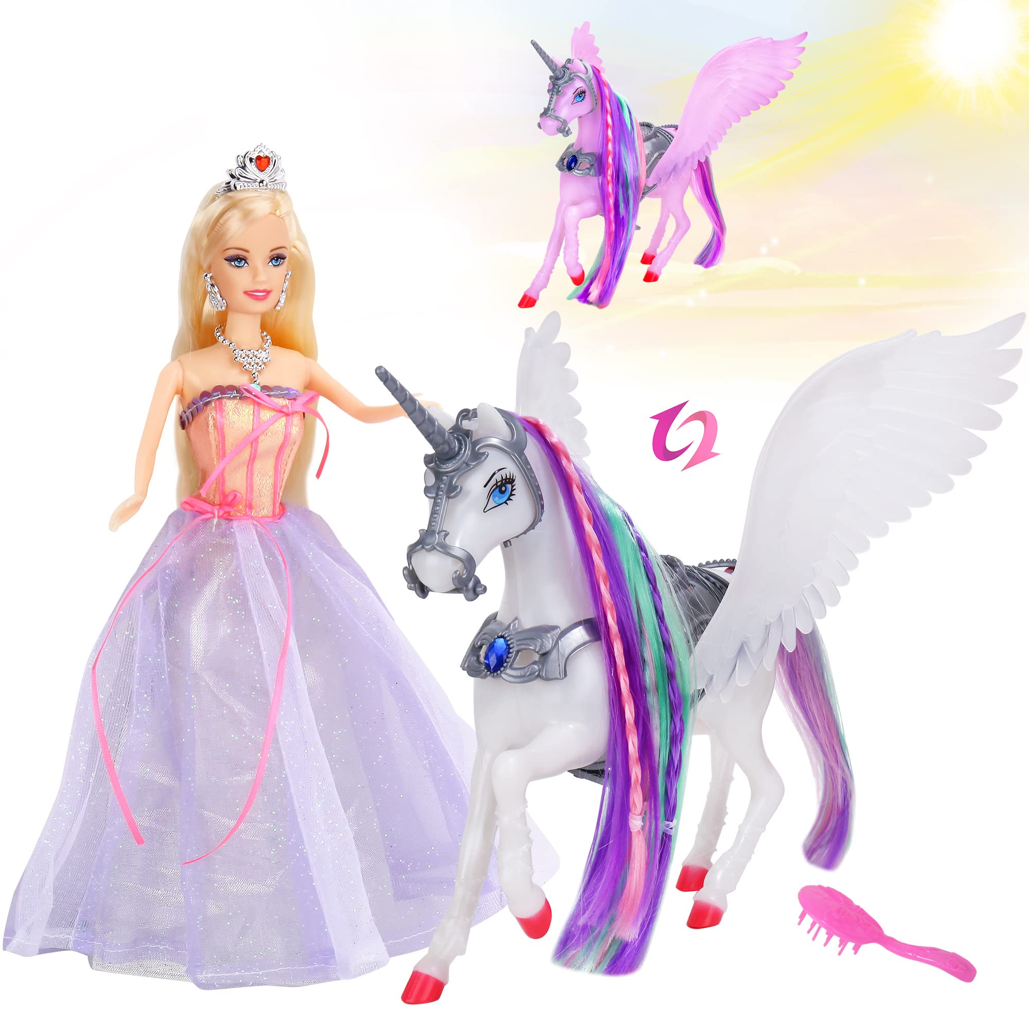 Photo 1 of BETTINA Color Changing Unicorn & Princess Doll, Color Change on Whole Unicorn Under Sunshine, 11.5'' Princess Doll Toy, Unicorn Toys with Removable Saddle&Wings
