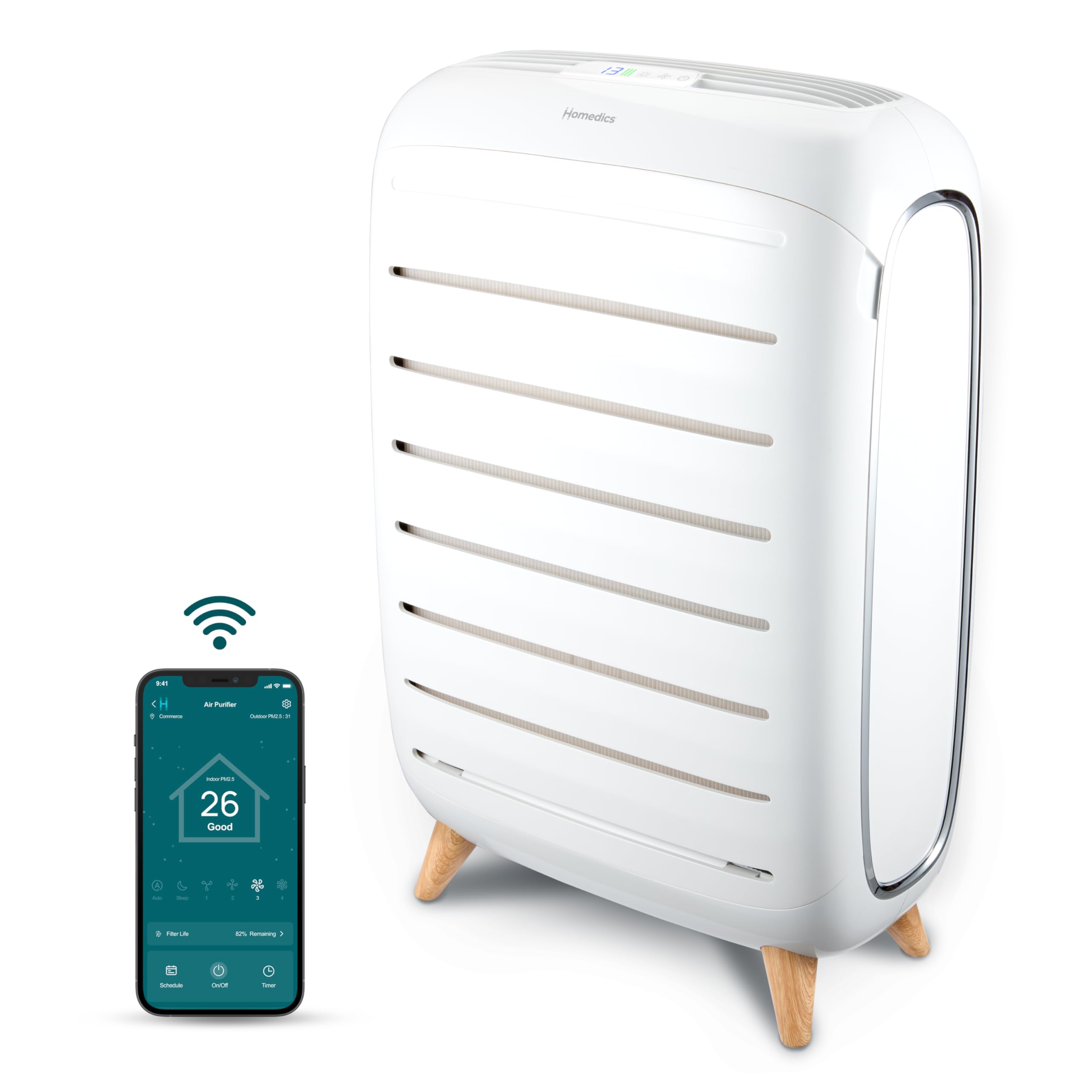 Homedics Smart Air Purifier for Extra-Large Rooms 2679 sq. ft. Room, 4-in-1 Console, True HEPA Filtration, UV-C Technology Reduces Bacteria & Virus, Wi-Fi, Voice Control