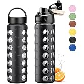 MUKOKO 24 oz Glass Water Bottle with 2 Lids, Black, 1 Pack | Borosilicate Glass Tumbler with Straw, Silicone Sleeve, Leak Proof, Reusable Drinking Bottles, for Sports Gym Travel