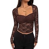 REORIA Womens Sexy Sheer Mesh Tops Floral Lace Long Sleeve Shirts Low Cut Slim Fitted Outfits See Through Going Out Blouses