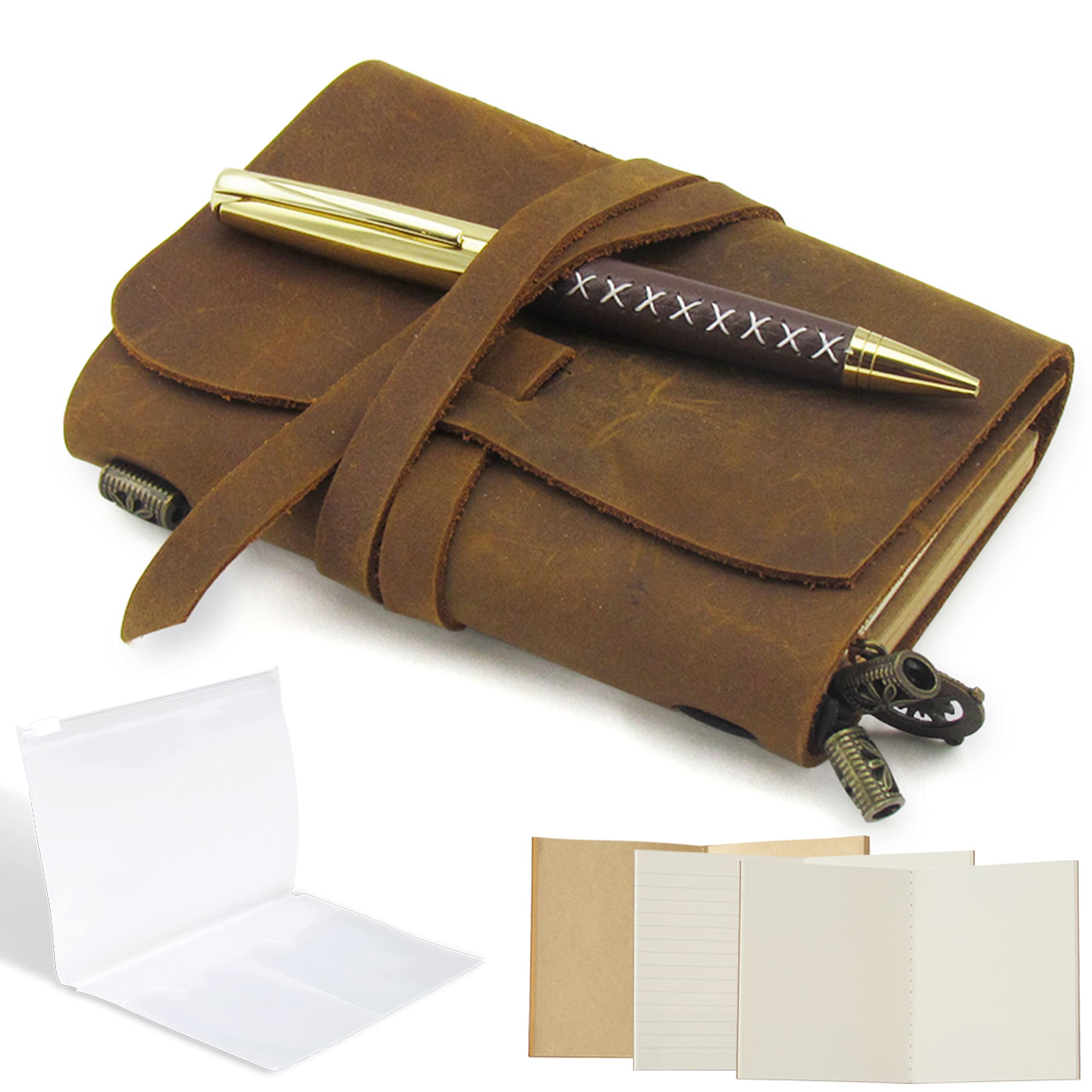 Leather Pocket Notebook - Small, Refillable Travel Journal - Passport Size, Perfect for Writing, Gifts, Travellers, Students or Professionals as a Diary or Organiser. Small Size 14x11cm