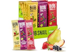 BOB SNAIL Healthy Fruit Snacks for Kids and Adults–30 Fruit Leather Snacks with Apple-Pear, Strawberry, Black Currant–Vegan Low-Carb Variety Pack Strips for Kids–Sugar Free Jerky Bars