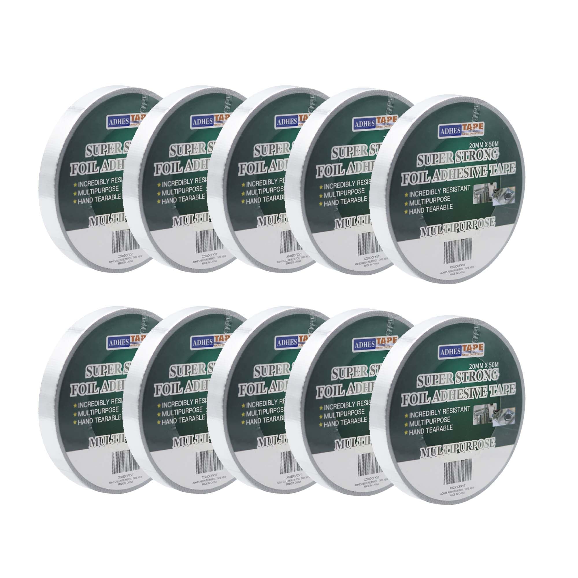 ADHES Professional Glass Fiber Aluminum Foil Tape 10 Rolls, Withstand 80°C to 100°C, Fireproof Heat Resistant Tape, Reinforced Foil Duct Tape, for HVAC, Metal Repair Sealing and Insulation,20MM X 50M