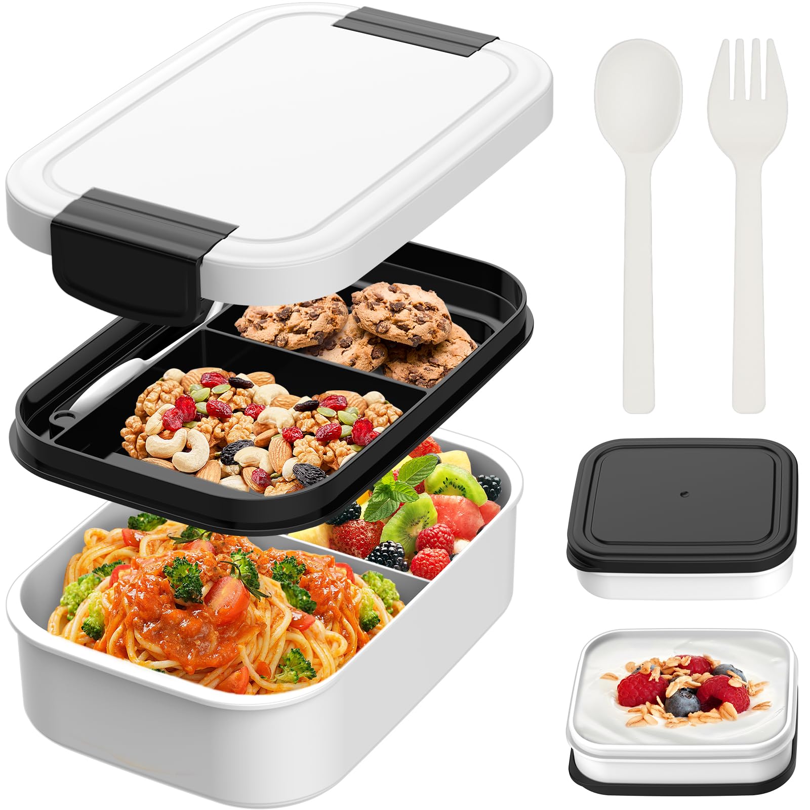 BIBURY Lunch Box, Upgraded Leakproof Bento Box for Kids Adults, Lunchbox with 4 Compartments, Cutlery and 2 Sauce Pot Set, BPA Free, Microwave and Dishwasher Safe Snack Box Sandwich Box, 1.9L