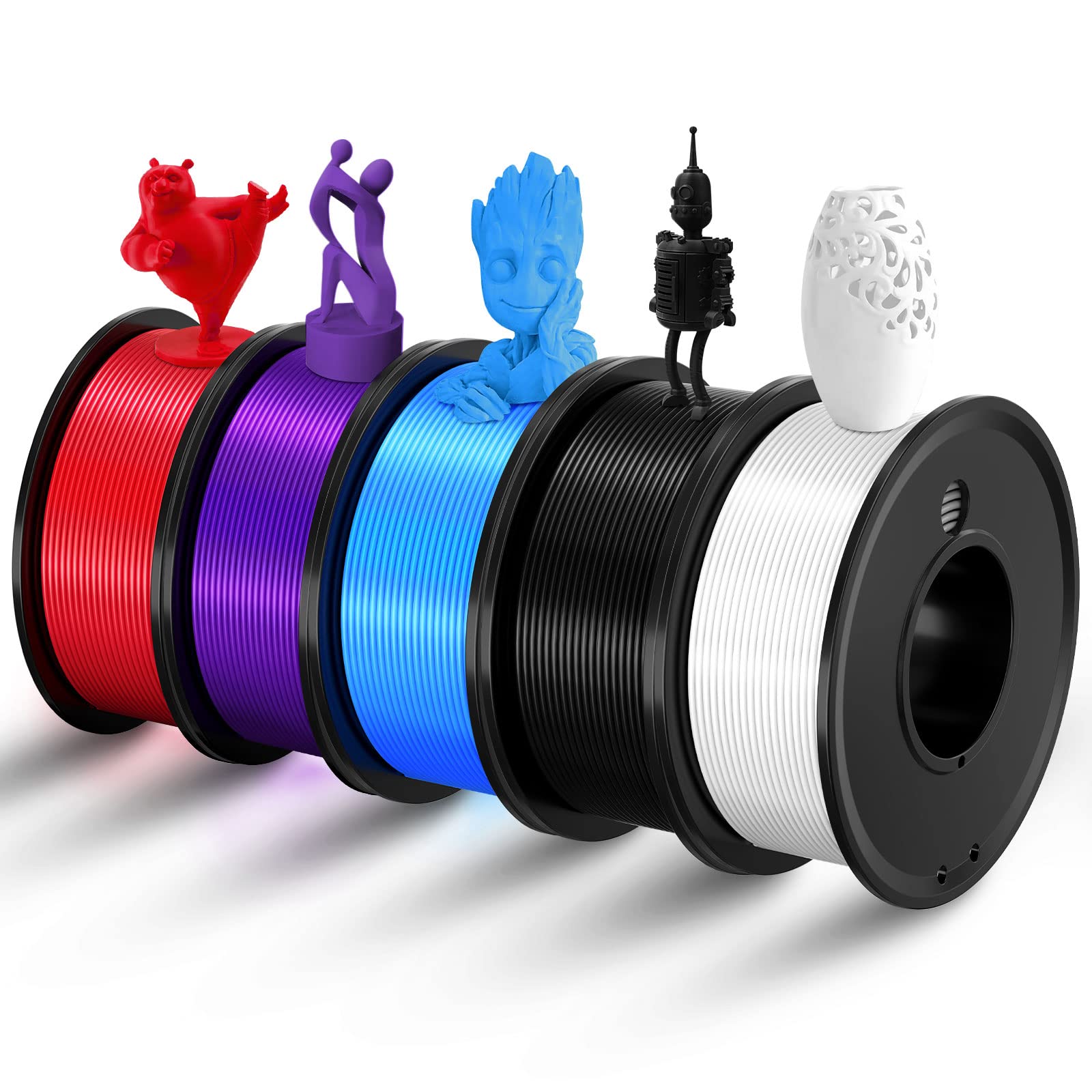 Photo 1 of FAHKNS 3D Printer Filament PLA 1.75mm 3-D Printing Materials 5 Colors Bundle Print Filimate 1.75 mm White Black Red Blue Purple Filiment1.75 Accuracy ±0.02mm Fillament Spool Vacuum Pack 250G X 5 Roll