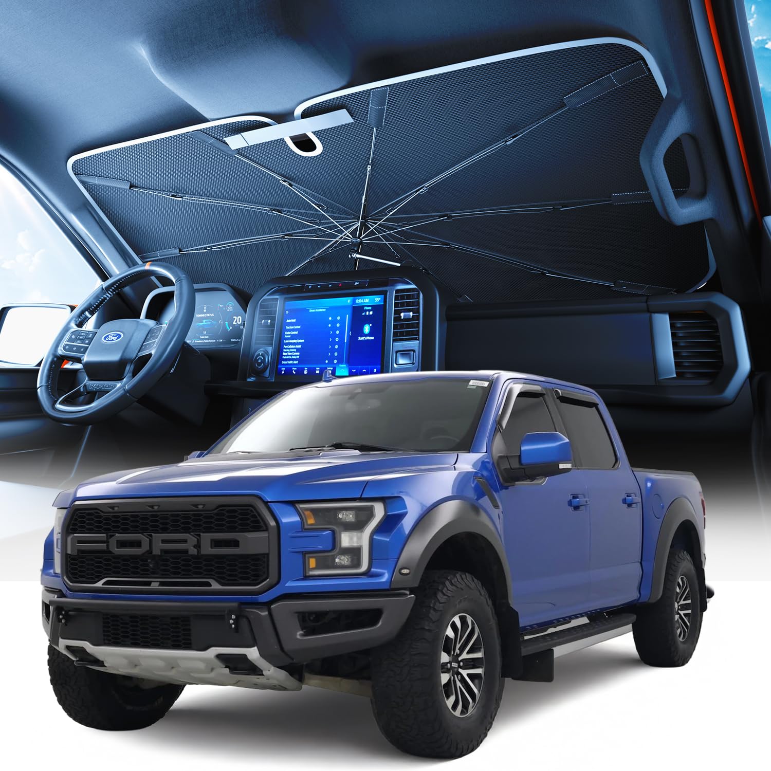 Photo 1 of [2025 Upgraded] Weektic Truck Windshield Sun Shade for F-150/Silverado/Tundra/RAM 1500/Sierra - 5 Layers Ice Crystal Coating Blocks 99% UV, Cools Interior | 360° Swivel Handle for Easy Use