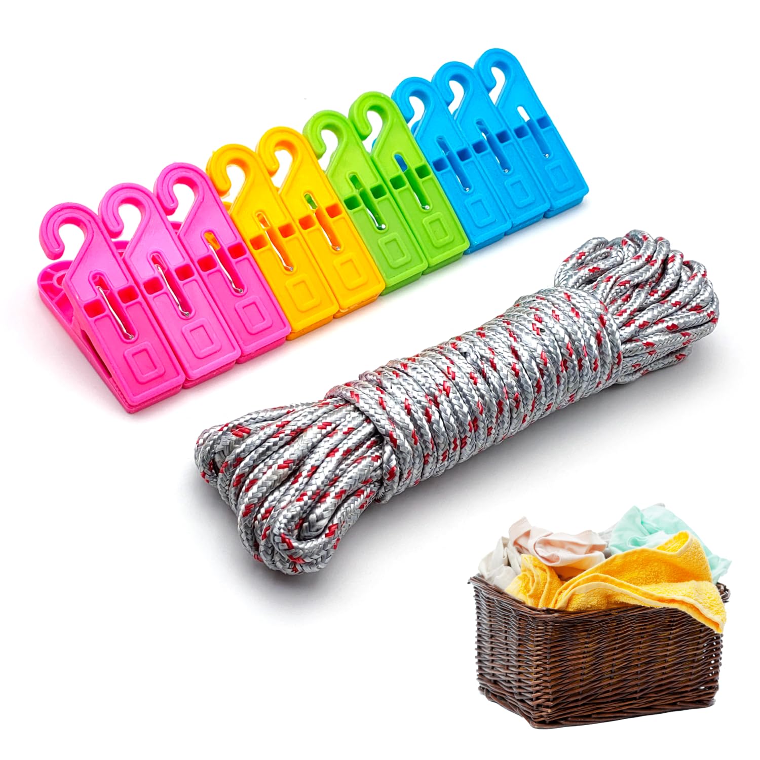 10 m Coloured Nylon Rope + 10 Clips with Hook, Durable Laundry Line for Outdoor, Indoor, Garden – Complete Kit for Clothes, Cloths and Linen