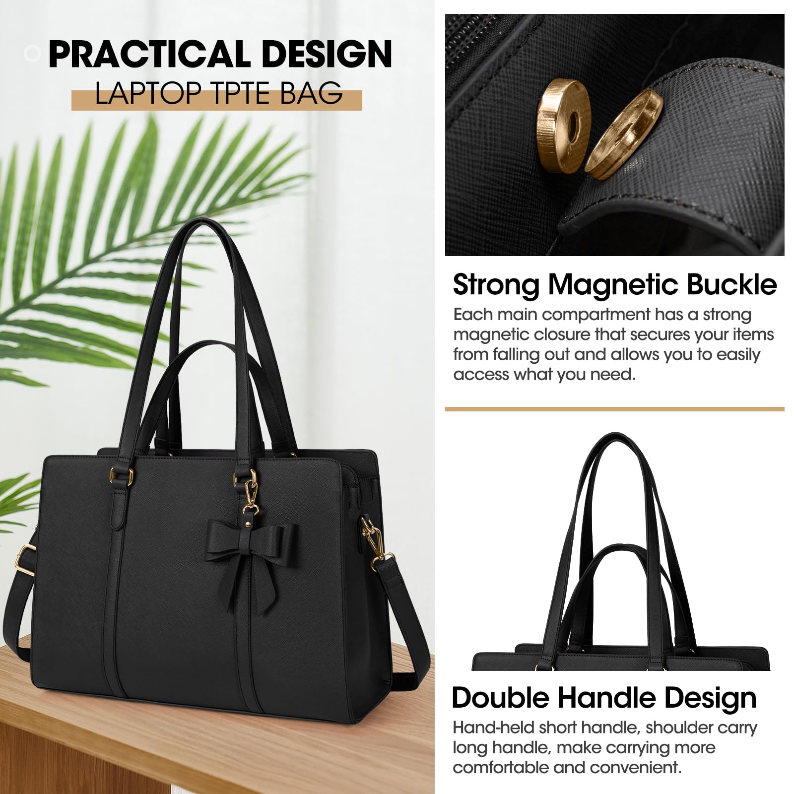 NEWHEY Handtasche Damen Shopper Damen Große Schwarz Tasche Damen Laptoptasche 15.6 Zoll PU Leder Umhängetasche Arbeitstasche für Business Arbeit Schule 5