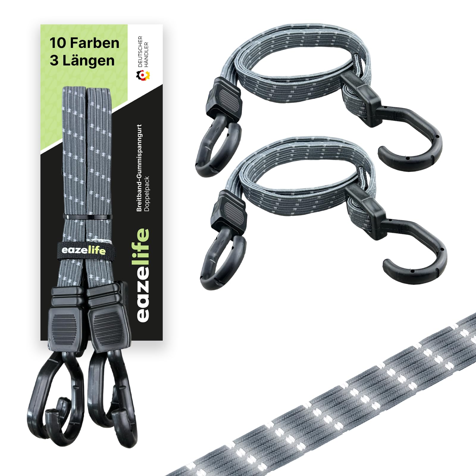Set of 2 Rubber Tension Straps, Adjustable, Wide Band Expander with Metal Hooks, Strong Resilient for Car, Bicycle and Outdoor Activities (10 Colours, 3 Lengths) (Steel, 80 cm) — image 1