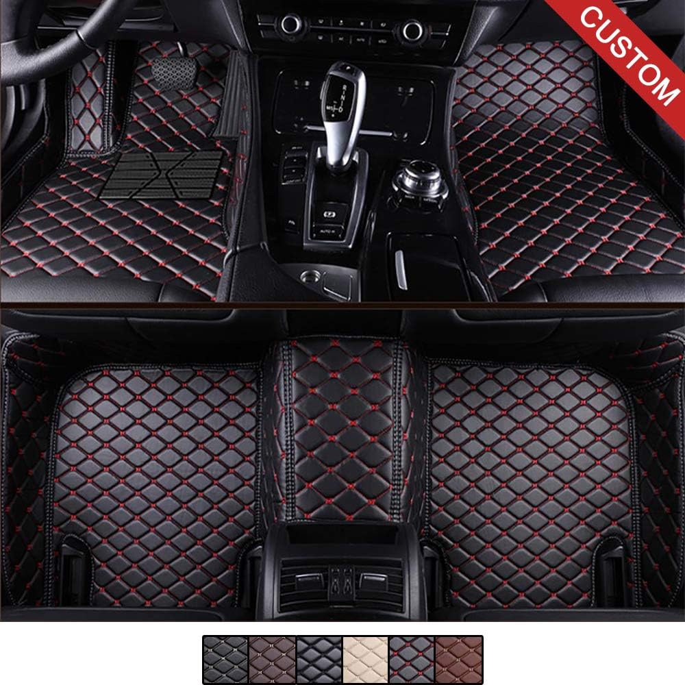 VEAOO Custom Car Floor Mats for Maserati Ghibli 2014-2017 Laser Measured Faux Leather, All Weather Full Coverage Waterproof Carpets XPE Car Liner (Black with Red Stitching)