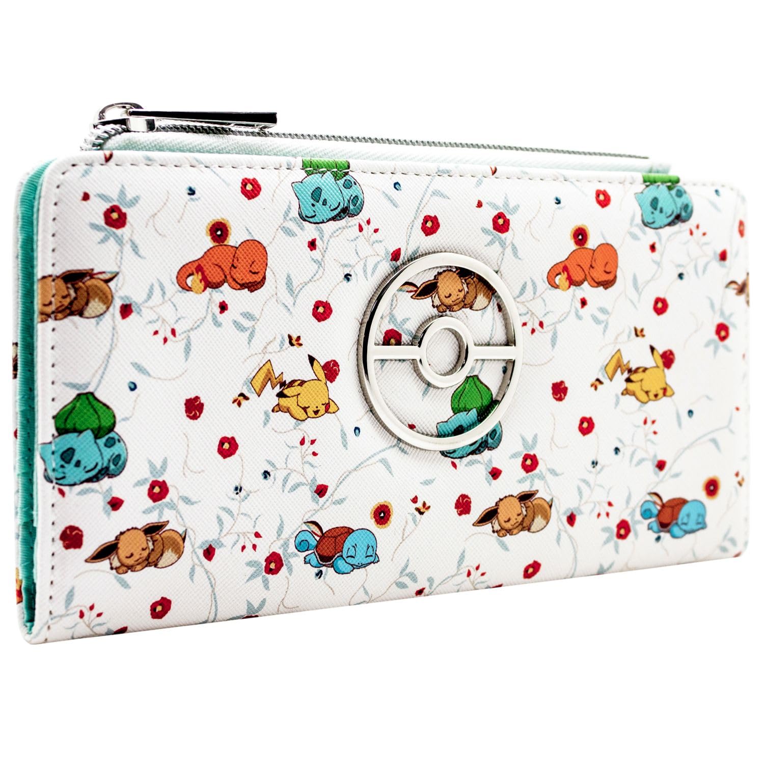 Eevee Sleeping Starter Characters in Flowers White Coin and Card Clutch Purse