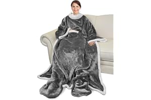 Catalonia Sherpa Wearable Blanket with Sleeves & Foot Pockets for Adult Women Men, Comfy Snuggly Wrap Sleeved Throw Blanket Robe, Gift Idea, Grey