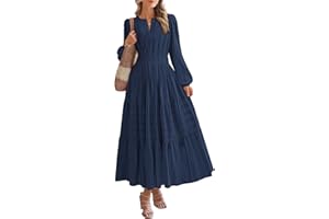 BTFBM Fall Dresses for Women 2025 Casual Long Sleeve V Neck Elastic Waist Lightweight Maxi Wedding Guest Dress Pockets