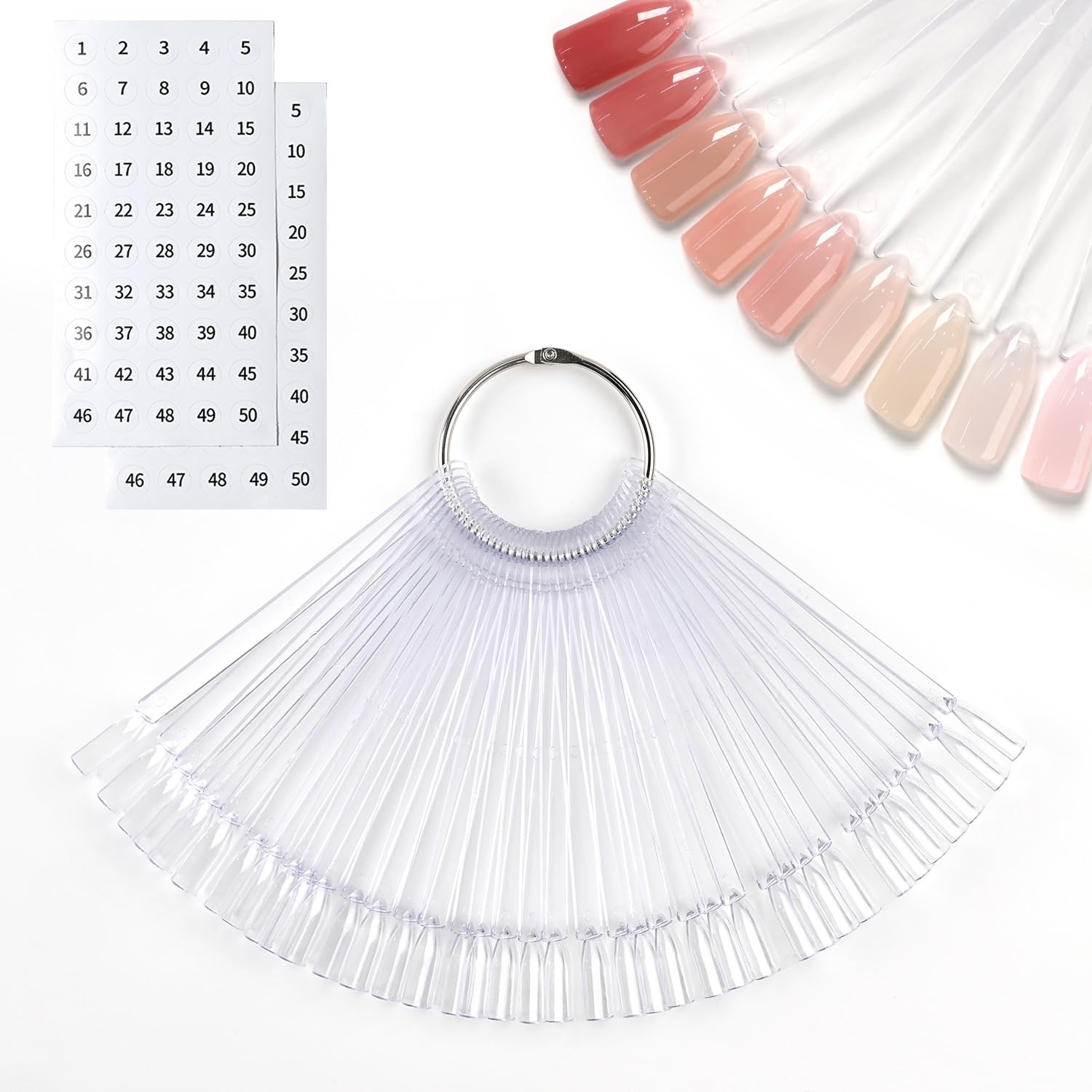 Photo 1 of GAOY Nail Swatch Sticks with Ring, 50 Pcs False Nail Sample Swatches with Numbers Stickers, Fan-shaped Practice Color Display for Home or Salon Use