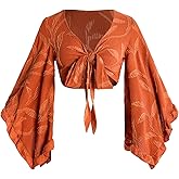 BEAUDRM Women's Boho Tops Wrap Western Country Concert Outfits Tie Front Long Bell Sleeve Tops 70s Hippie Disco Clothes