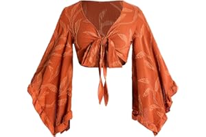 BEAUDRM Women's Boho Tops Western Country Concert Outfits Tie Front Long Bell Sleeve Tops 70s Hippie Disco Clothes