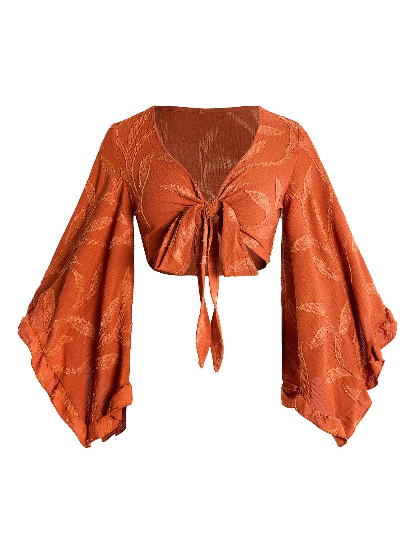Photo 1 of BEAUDRM Women's Y2K 70s Top Western Cowgirl Hippie Shirt Bow Tie Front Disco Shirts Ruffle Long Bell Sleeve Boho Crop Tops Brown Large