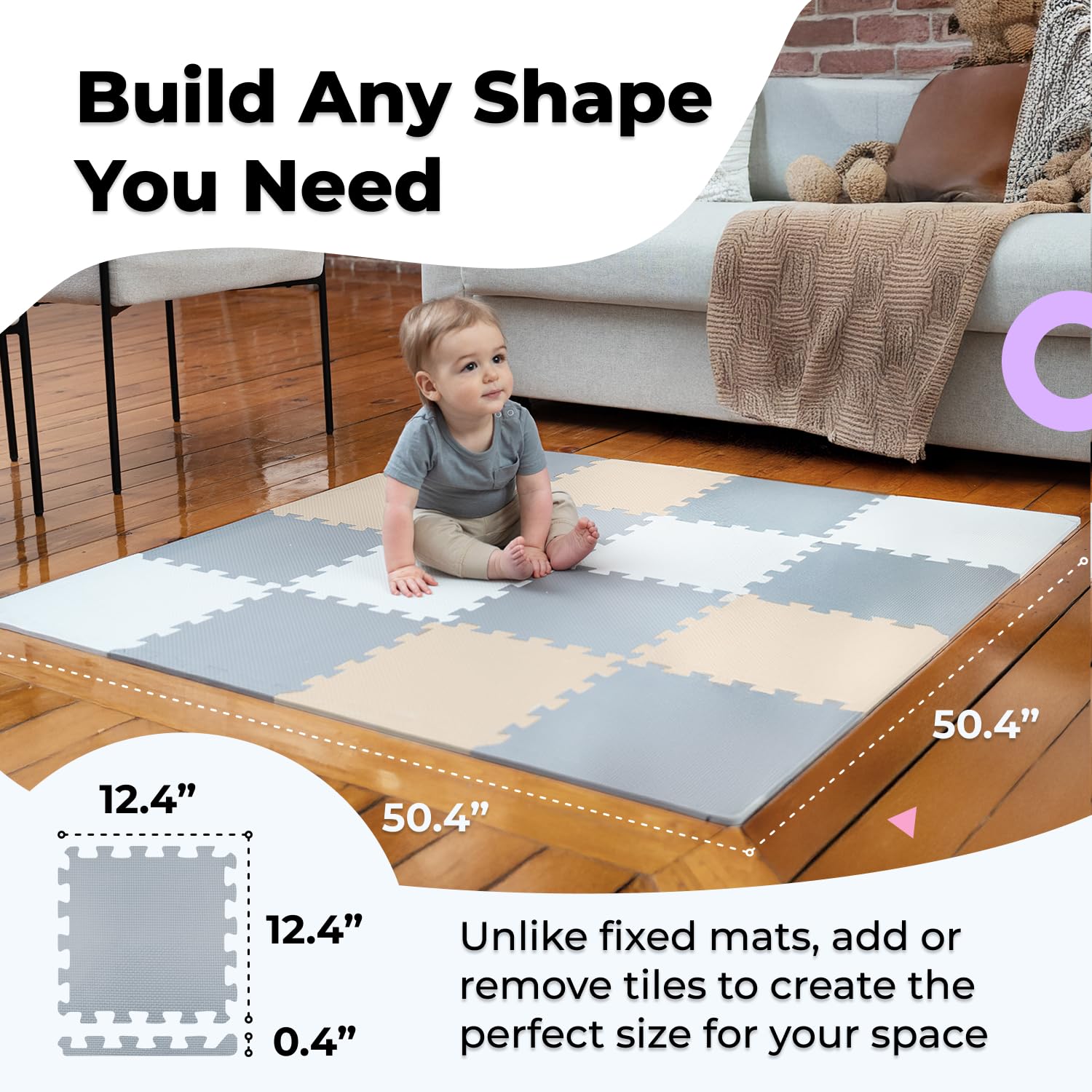 MioTetto Baby Play Mat, Soft Foam Floor Tiles for Kids. Adjustable Interlocking Foam Tiles, Fits with 50x50 Playpen Baby mat for Crawling & Development, Safe & Non-Toxic Playmat for Babies 6-12 Months