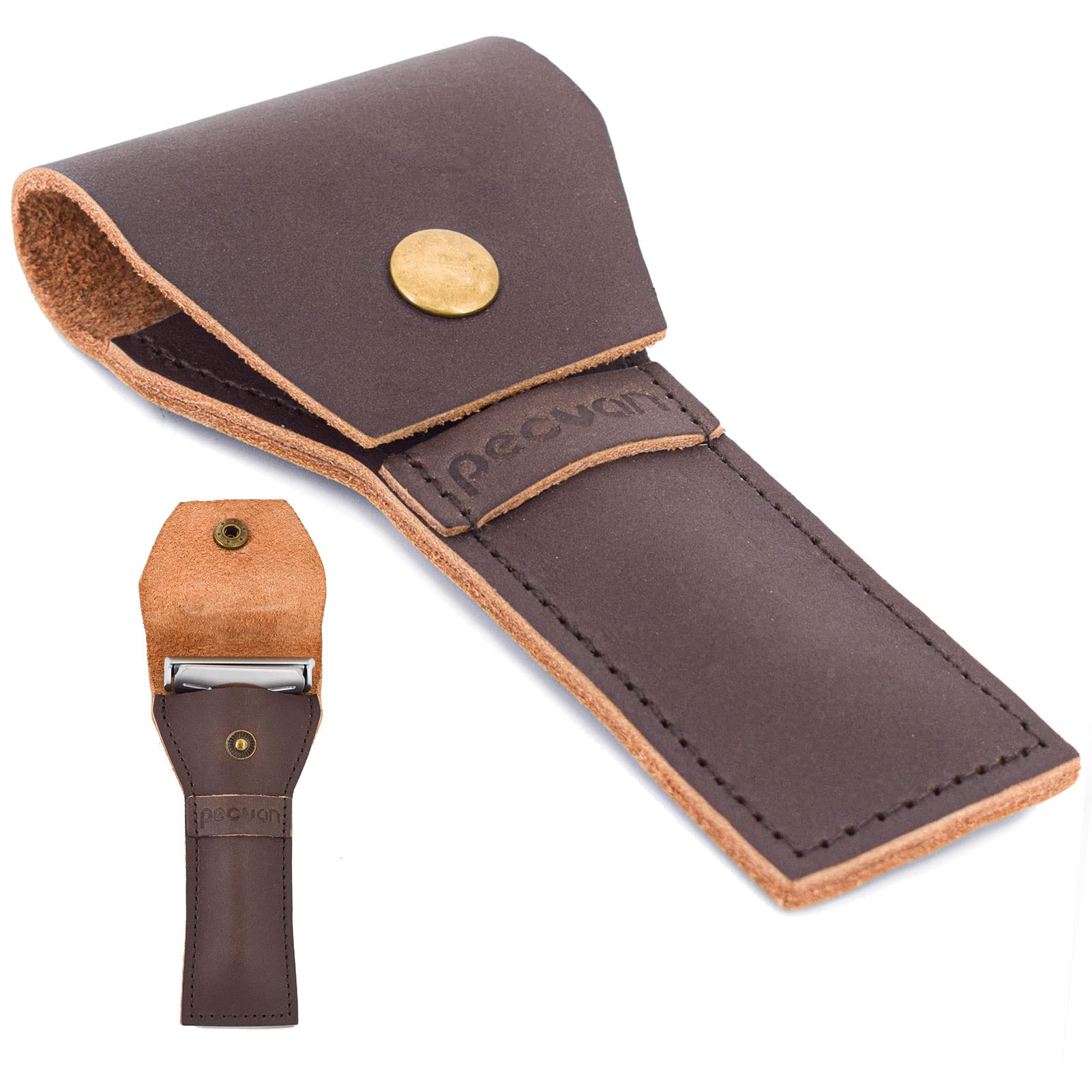 pecvan Leather Razor Case Safety Razor Leather Brown Protective/Travel Case For Straight and Barber Razors.
