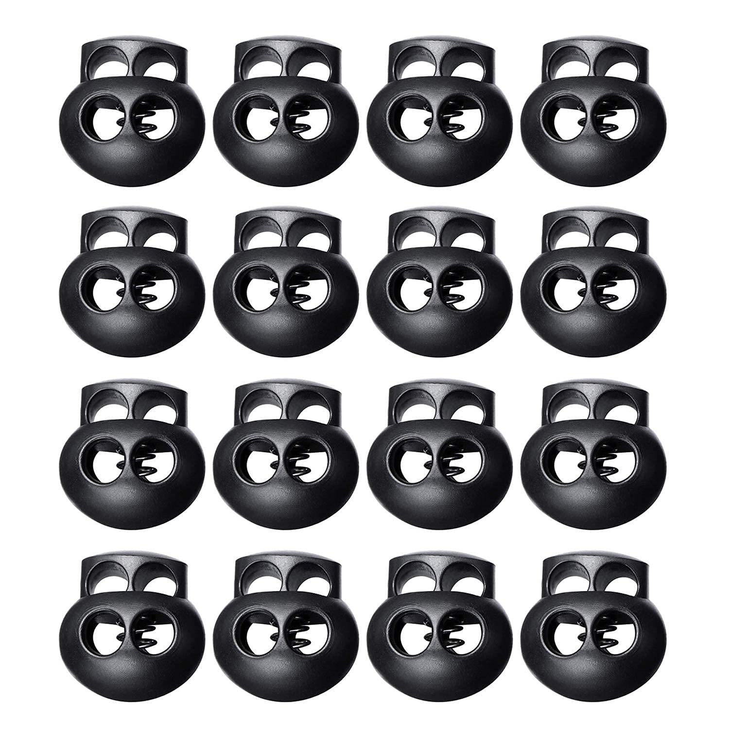 LuLyLu 20 Pack Spring Cord Locks for Drawstrings, Black Plastic Double Holes Cord Ends Fastener Oval Toggle Stopper Sliders