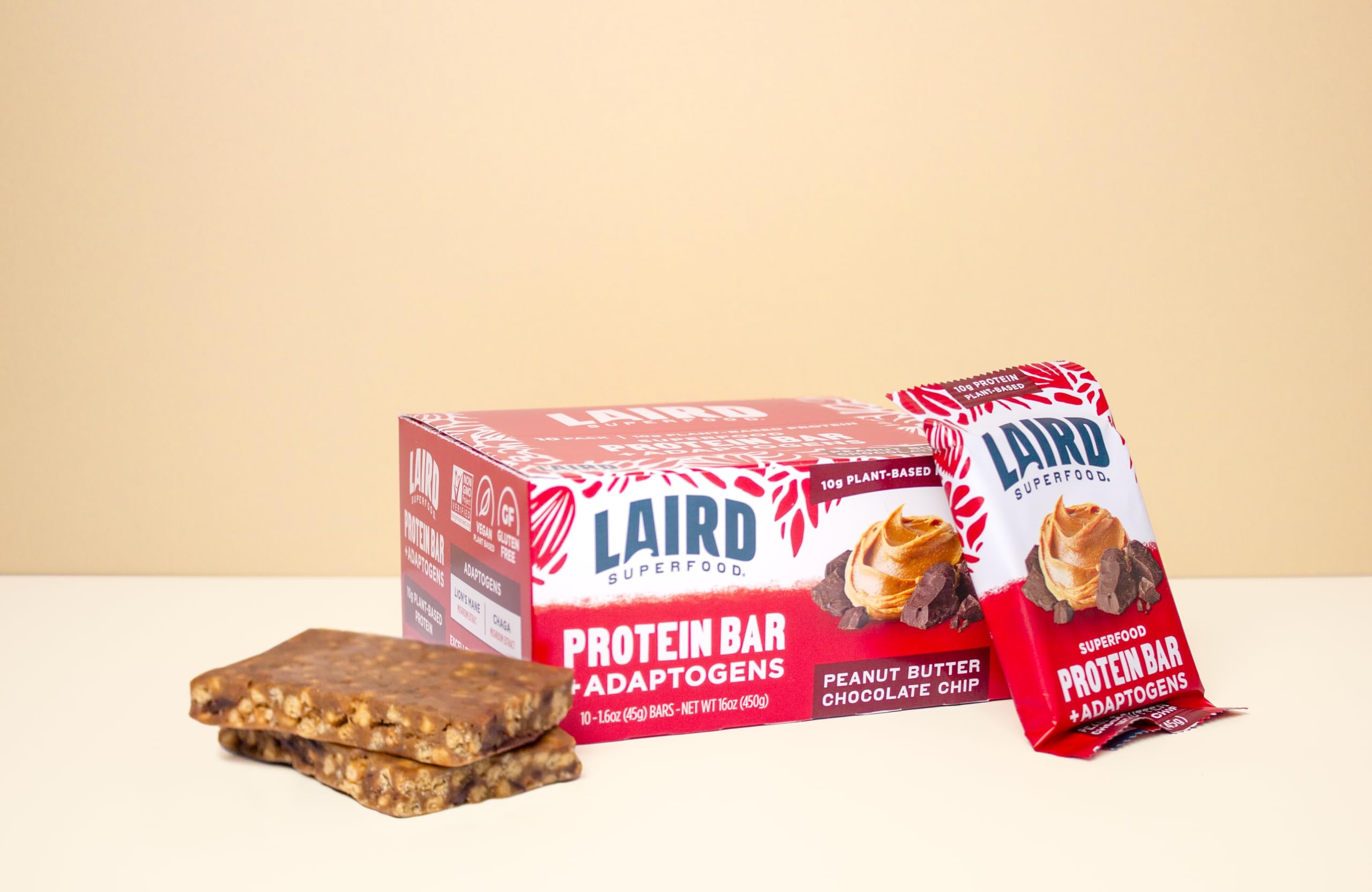 Laird Superfood Functional Protein Bars – Protein Bar but Better with Real Ingredients, Functional Mushrooms 10g Plant-Based Protein, 6g Fiber - Non-GMO - Peanut Butter Chocolate Chip, 10 Count (Pack of 1)