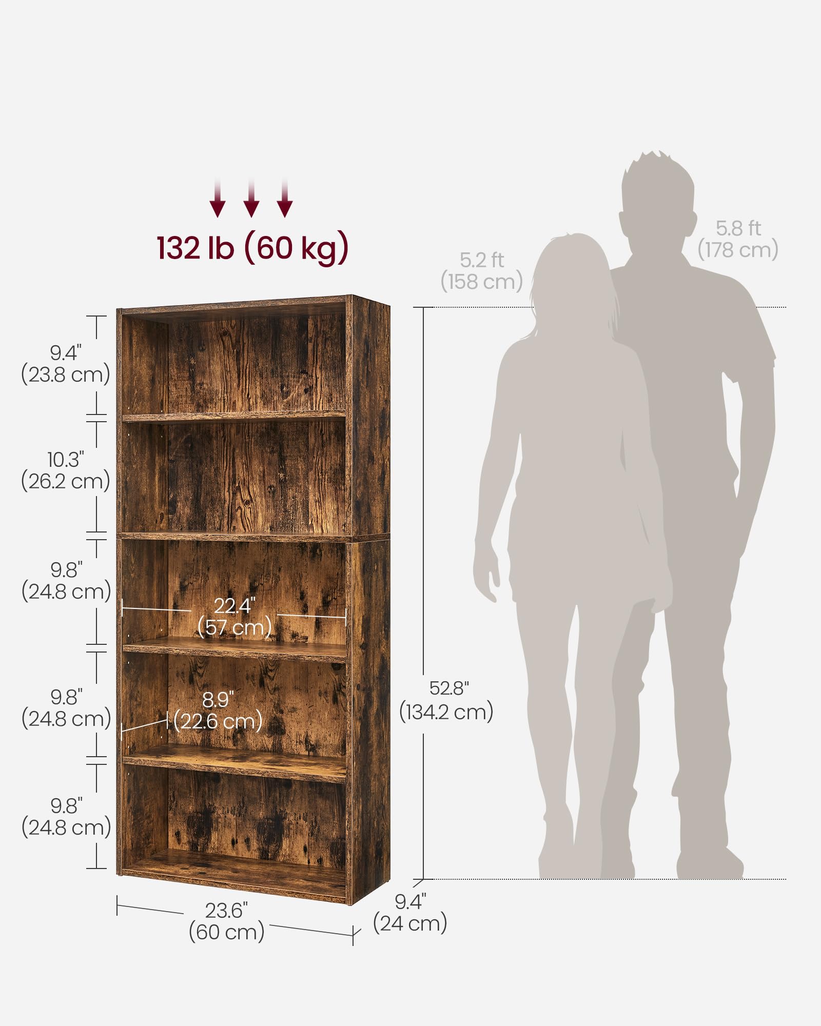 VASAGLE CUSTOS Collection - Bookshelf, 5-Tier Bookcase, Book Shelf, Open Storage Shelf, 9.4 x 23.6 x 52.8 Inches, for Living Room, Home Office, Dinning Room, Rustic Brown ULBC165X01