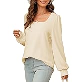 Dokotoo Women's Square Neck Puff Sleeve Casual Loose Ribbed Knit Soft Blouses Tuinc Tops