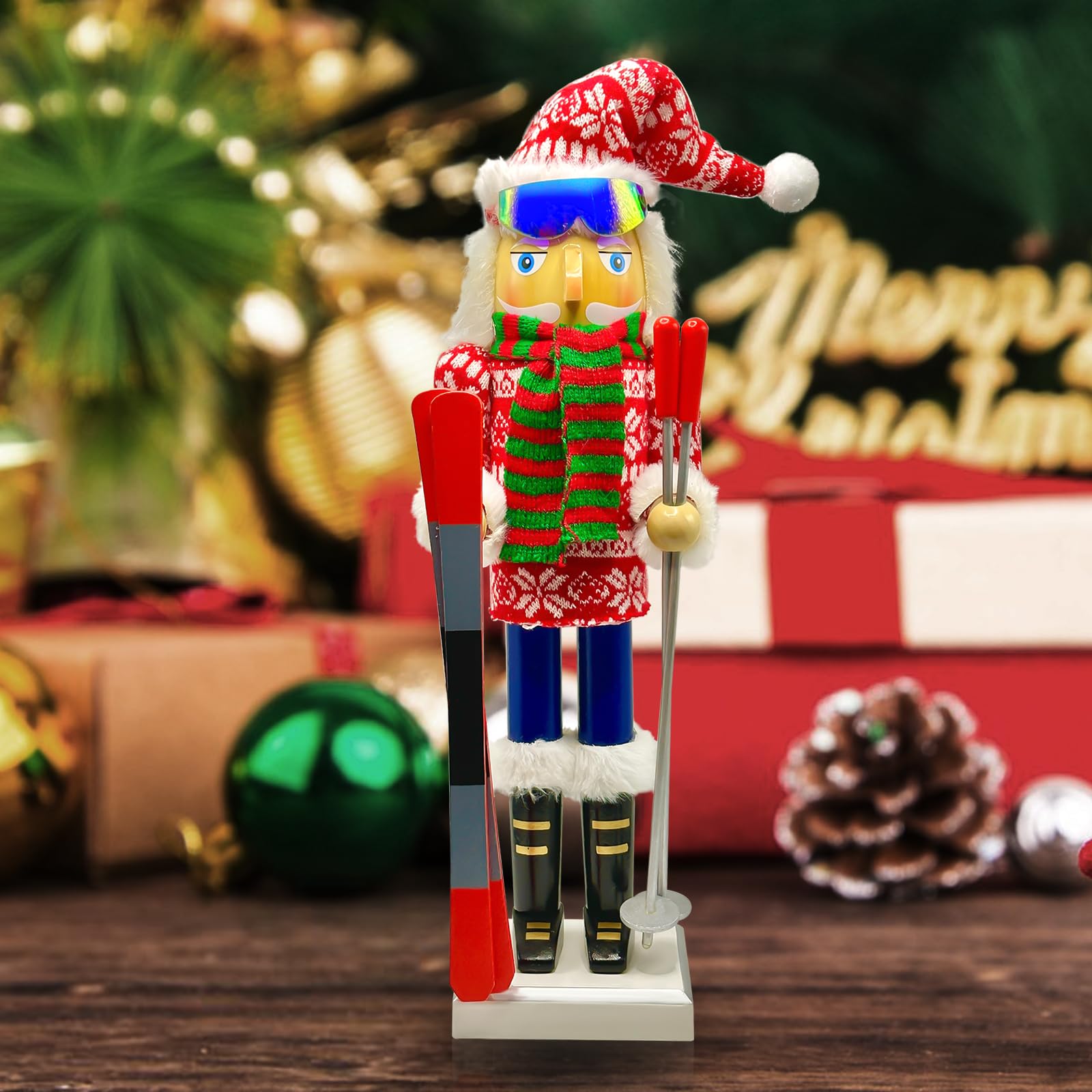 Photo 1 of *Glasses missing* WODICY Christmas Nutcracker Décor Figures, 15 inches Skier Wooden Nutcracker Ornaments with Skis and Ski Poles for Kitchen Shelves Tabletop Festival Decorations Gift