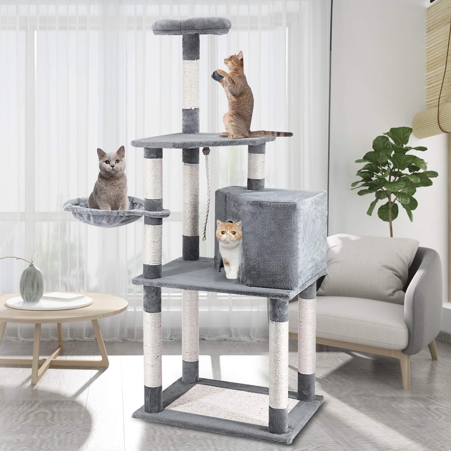 59 inch (150cm) Cat Tree Condo with Scratching Post Platform, Pet House Activity Tower Plush Perches with Hammock
