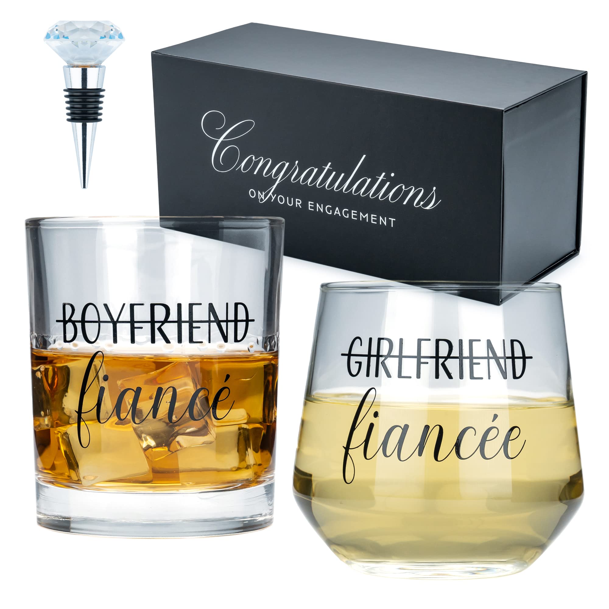 Photo 1 of Newlywoo Engagement Gifts for Couples - Unique Fiance Gift for Him or Her! Whiskey Wine Glasses with Diamond Wine Stopper