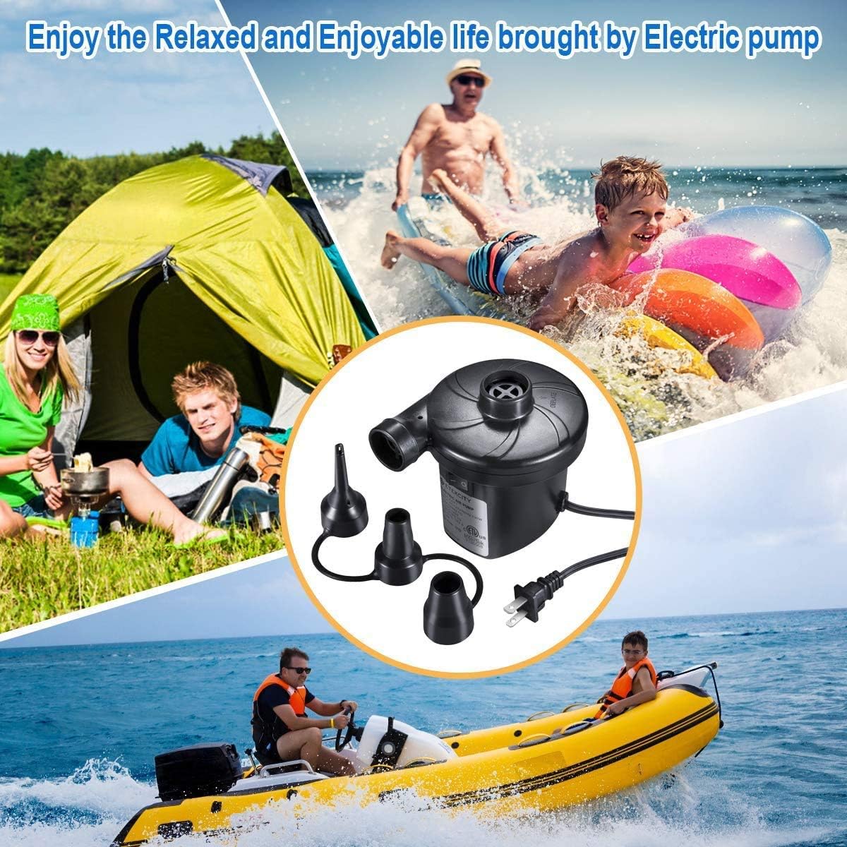 VIDEN Air Pump for Inflatables, Electric Mattress Pumps, for Inflatable Pool, Airbed, Camping, Sports, Kids Paddling Pools & Toys, with 3 Nozzles, Quick-Fill 110-120V, Portable, Black: Home & Kitchen