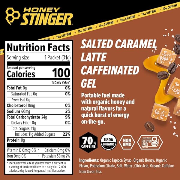 HONEY STINGER ORGANIC SALTED CARAMEL ENERGY GEL, CAFFEINATED & GLUTEN FREE, FOR EXERCISE, RUNNING AND PERFORMANCE, SPORTS NUTRITION FOR HOME & GYM, PRE AND MID WORKOUT, 12 PACK, 13.2 OUNCE