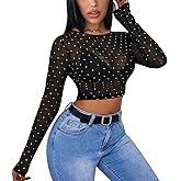 BemorRun Mesh Top Women See Through Tops (Floral Crop Top Long Sleeve Mesh Shirt Going Out Outfits)