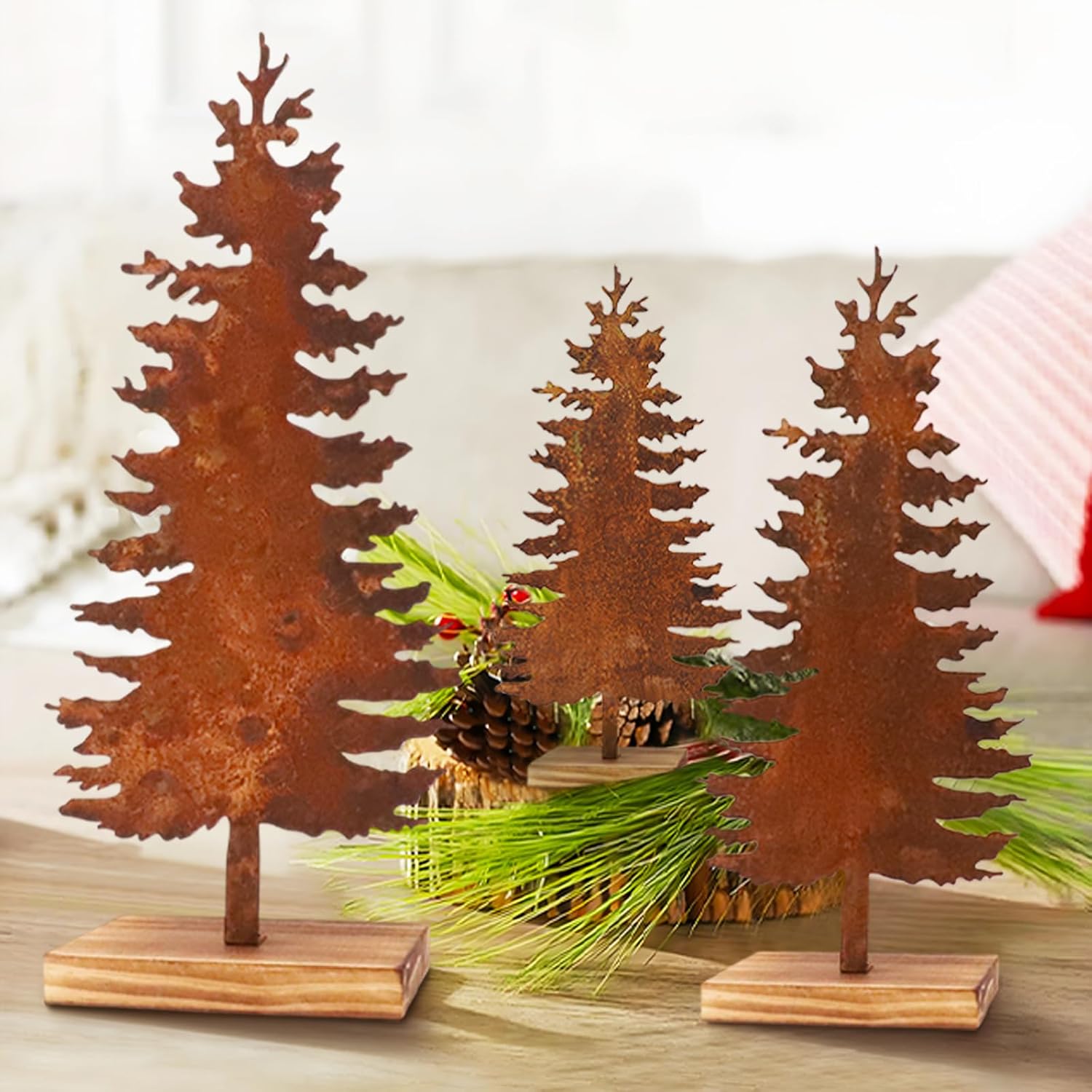 Trees - Christmas Decor - Christmas Decorations Indoor - Set of 3 Rusty Metal Evergreen Tree - Farmhouse Rustic Vintage Tabletop Tree - Room Home Holiday Xmas Decoration for Table Mantel Fireplace Shelf