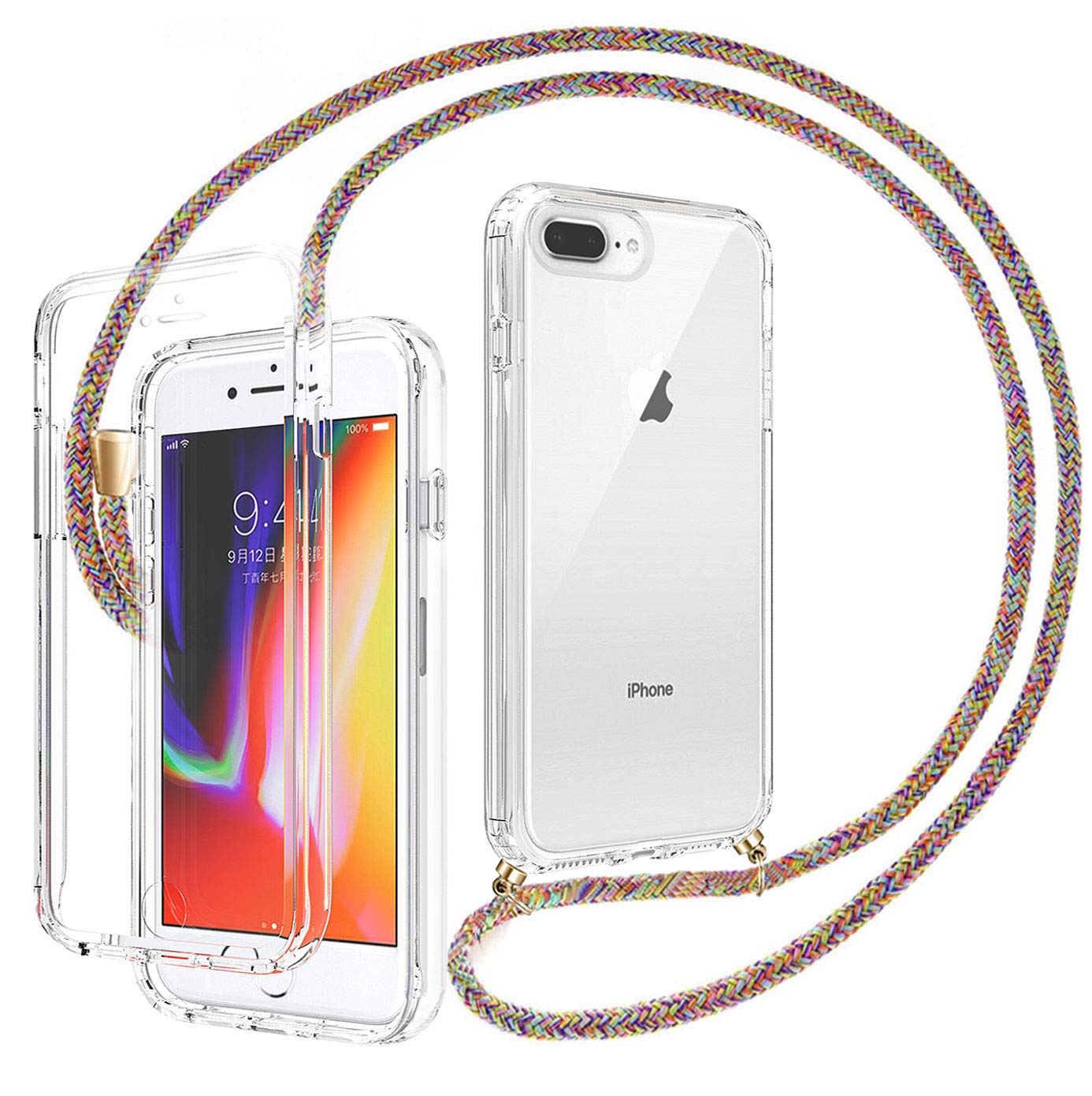 Ptny 360° Full Protection Crossbody Case for iPhone 7 Plus/ 8 Plus, Transparent Full Body Cover With Built-In Screen Protector with Adjustable Lanyard Cord Necklace Mobile Phone Cover